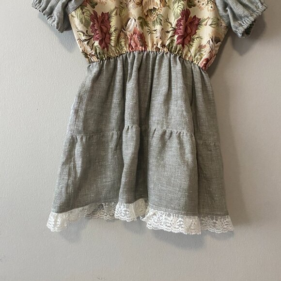 Handmade Children's Cotton Linen Green Multicolour Lace Square Neck Dress - Picture 8 of 12